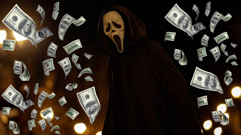 Ghostface standing in the street surrounded by money in Scream 7