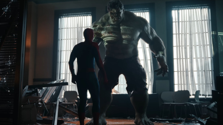 Tom Holland as Spider-Man looking up at Savage Hulk in Spider-Man: Brand New Day