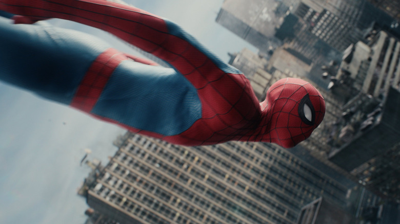 Tom Holland as Spider-Man diving through the air in Spider-Man: Brand New Day