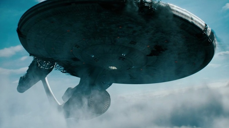 The Enterprise rising above the clouds in Star Trek Into Darkness