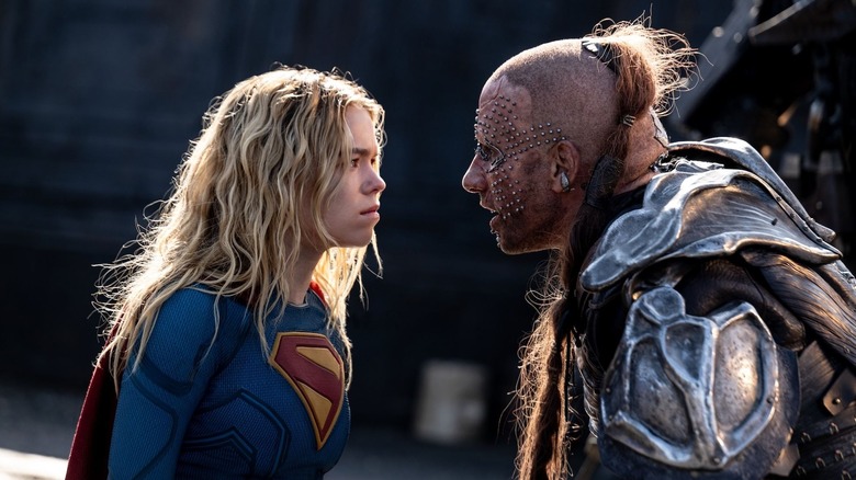 Milly Alcock as Supergirl facing off against Matthias Schoenaerts as Krem in Supergirl