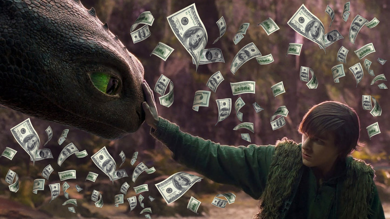 Hiccup touching Toothless on the nose surrounded by money in How to Train Your Dragon (2025)