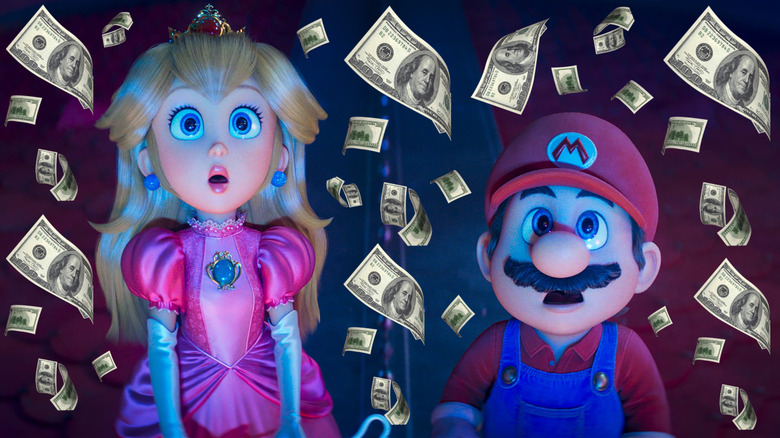 Princess Peach and Mario looking up at the sky surrounded by money in The Super Mario Galaxy Movie