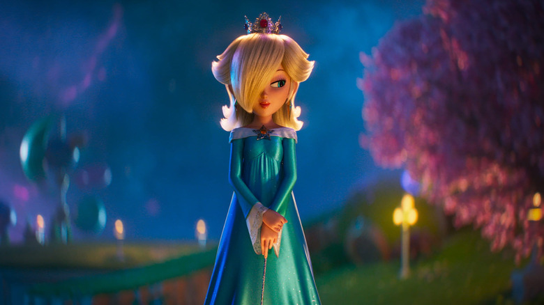 Princess Rosalina holding her wand in her hand outside at night in The Super Mario Galaxy Movie
