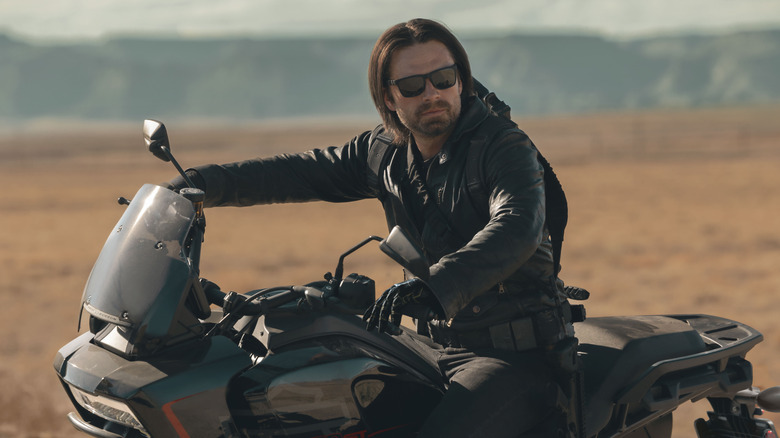 Sebastian Stan as Bucky Barnes on his motorcycle in his sunglasses in Thunderbolts