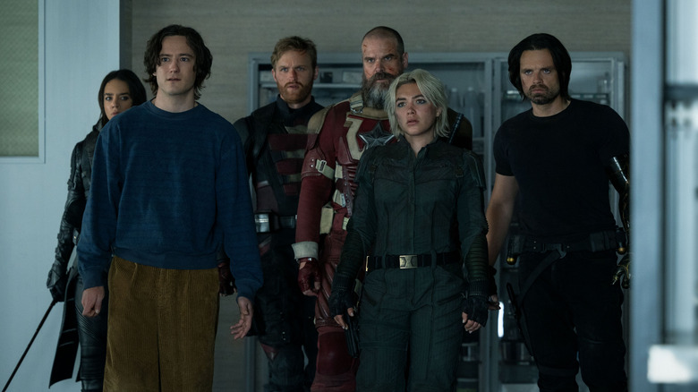 Ghost, Bob, John Walker, Red Guardian, Yelena Belova, and Bucky Barnes standing in a lab in Thunderbolts