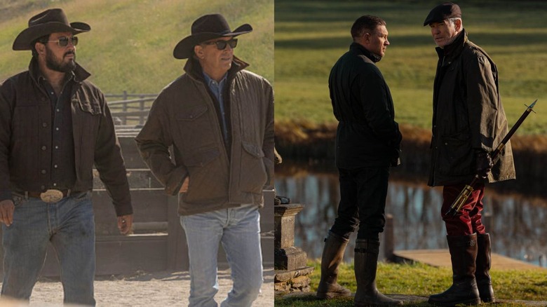 Rip Wheeler and John Dutton from Yellowstone next to Harry and Conrad from MobLand