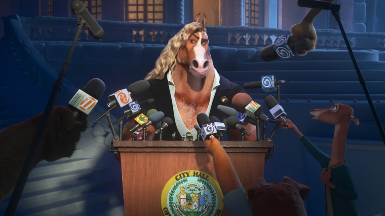 Mayor Winddancer speaking to the press at City Hall in Zootopia 2