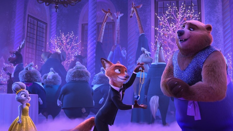 Nick giving a necklace to Bearoness Bear as Judy watches in Zootopia 2