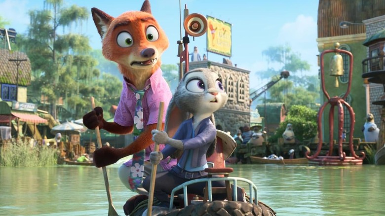 Nick and Judy paddling a boat in Zootopia 2