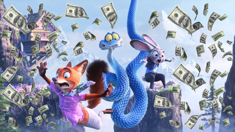 Nick, Gary, and Judy falling surrounded by money in Zootopia 2