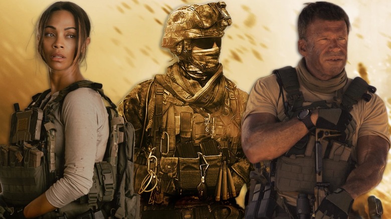 Zoe Saldana, Taylor Sheridan in front of Call of Duty soldier