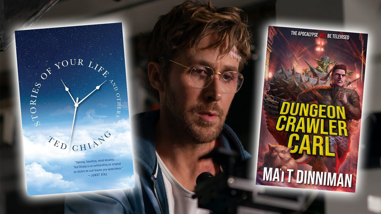 Ryan Gosling as Ryland Grace flanked by a copy of Stories of Your Life and Dungeon Crawler Carl