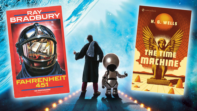 Fahrenheit 451 and The Time Machine book covers flanking imagery from the movie adaptation of The Hitchhiker's Guide to the Galaxy
