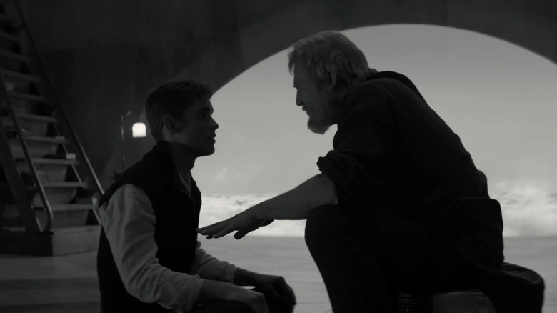 Brenton Thwaites as Jonas speaking with Jeff Bridges as the Giver in The Giver