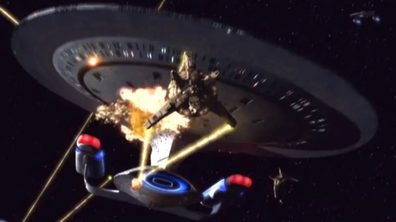 Star Trek: Deep Space Nine -- USS Galaxy firing at Cardassian weapons platform