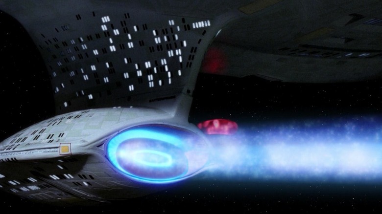 The deflector dish of the USS Enterprise-D flaring up on Star Trek: The Next Generation
