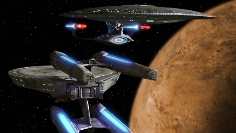 The USS Enterprise-D and the USS Hathaway on Star Trek: The Next Generation