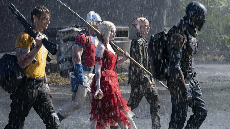 Rick Flag, Peacemaker, Harley Quinn, Thinker, and Bloodsport in The Suicide Squad