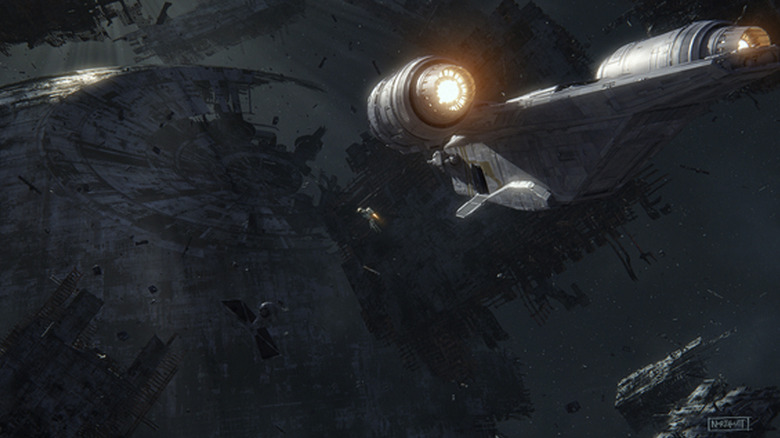 Concept art of Smugglers Run - the Razorcrest approaching the second Death Star