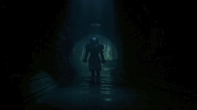 Bill Skarsgård as Pennywise in his clown form standing in a sewer in It: Welcome to Derry