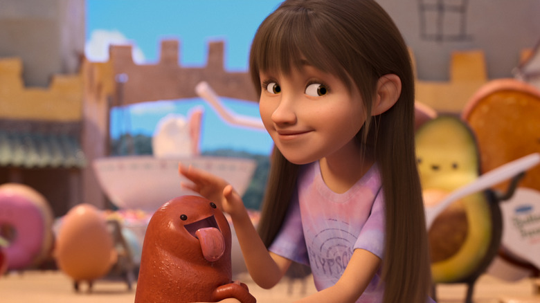 Stevie petting the sausage dog in In Your Dreams