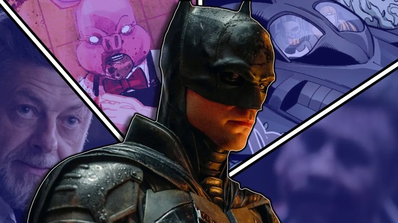 Batman in front of pictures of Alfred, Professor Pyg, the Batboat and Joker