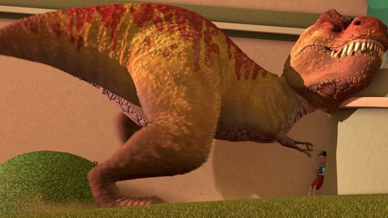 Tiny the T-rex trying to grab Lewis in Meet the Robinsons