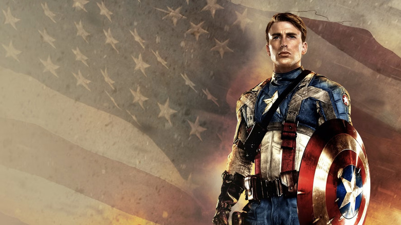 Captain America: The First Avenger poster featuring Cap standing in front of burning American flag