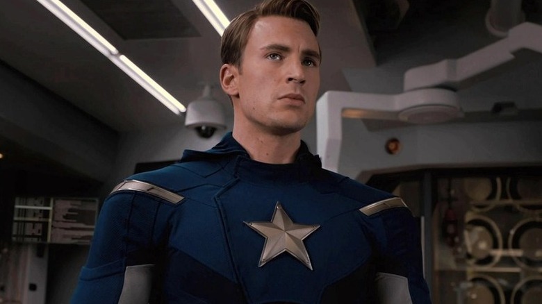 Chris Evans as Captain America looking stern in The Avengers