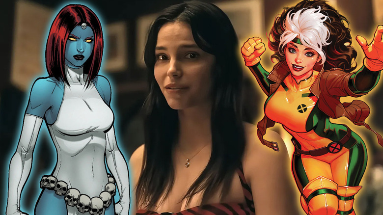 Inde Navarrette as Nicky Freeman in Obsession next to comic images of Mystique and Rogue