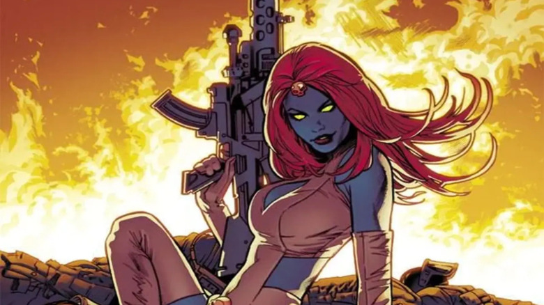 Mystique holding fun behind fire on X-Men comic cover