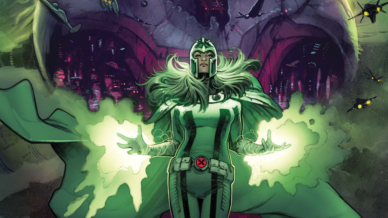 Fall of the House of X #2 cover - Polaris levitating Knowhere in Magneto's helmet