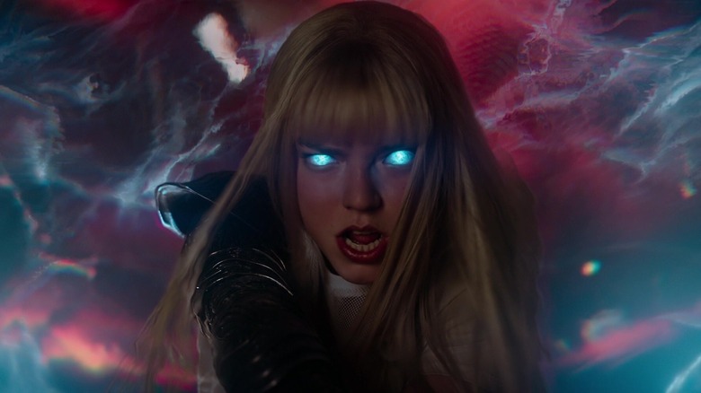 Anya Taylor-Joy as Magik emerging from a portal with blue angry eyes in The New Mutants