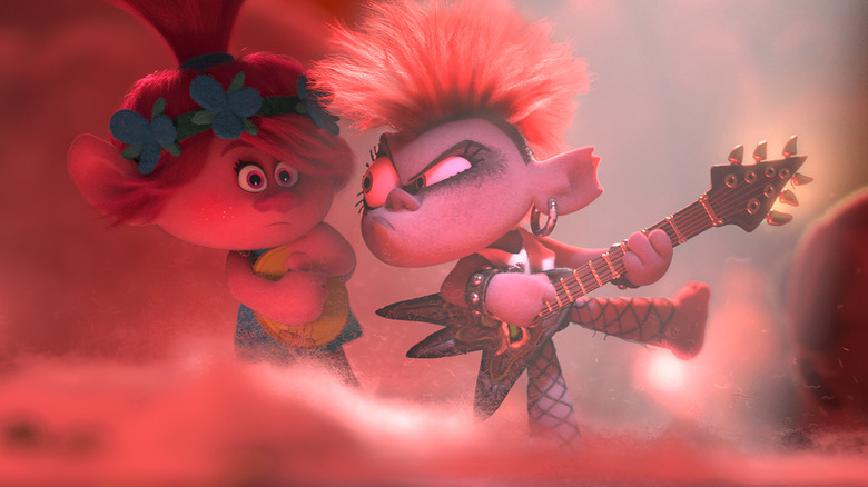 Anna Kendrick as Poppy and Rachel Bloom as Barb on stage in Trolls World Tour