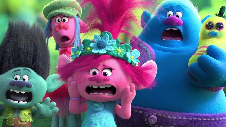 Anna Kendrick as Poppy, Justin Timberlake as Branch, and their friends screaming in Trolls World Tour