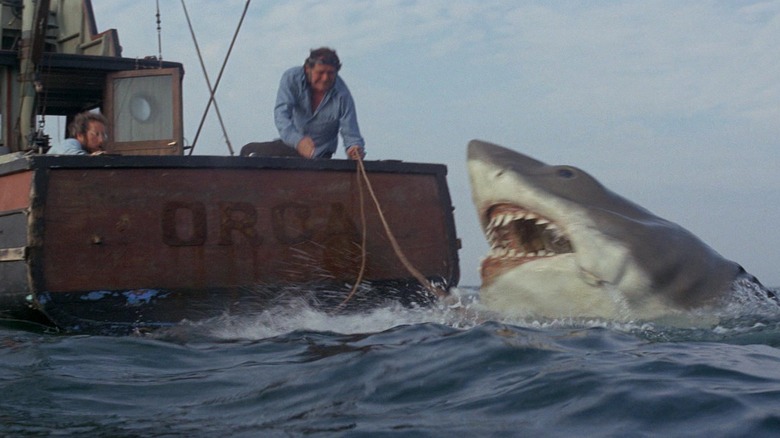 The shark bursting out of the water to attack the Orca in Jaws