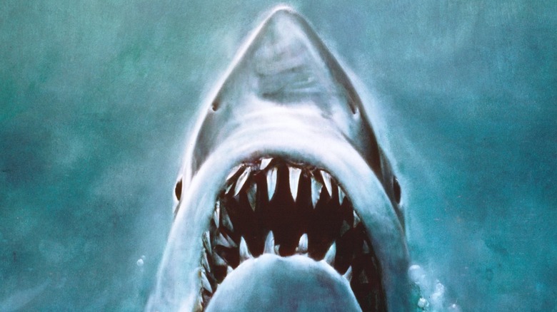 The shark coming up from the water on the poster for Jaws