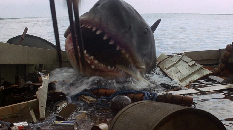 The shark coming onto the sinking boat at the end of Jaws
