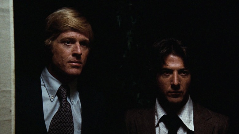 Bob Woodward and Carl Bernstein in a shadowy place in All the President's Men