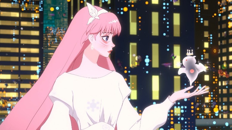 Belle in white holding creature
