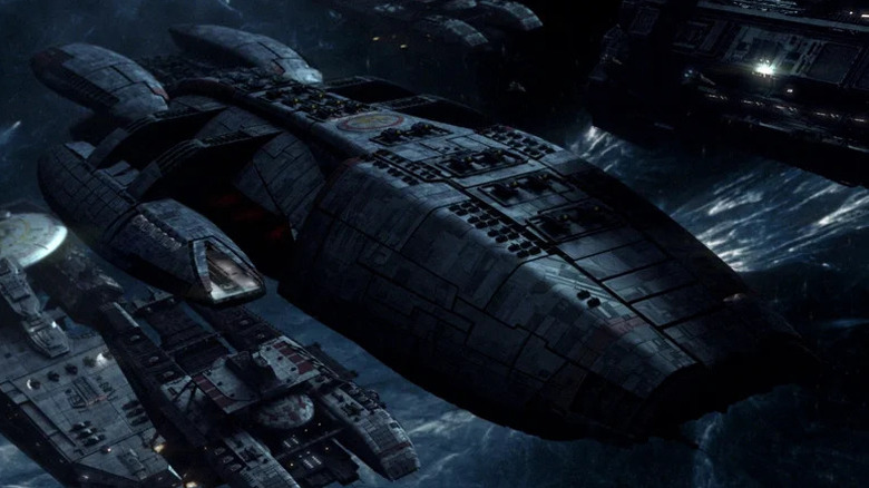 A human flotilla cruises through space in Battlestar Galactica (2003)