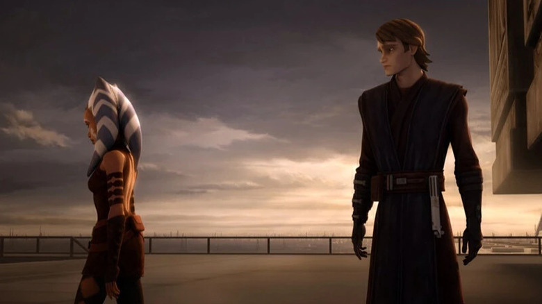 Ahsoka Tano turning away from Anakin Skywalker on the steps of the Jedi Temple in Star Wars: The Clone Wars