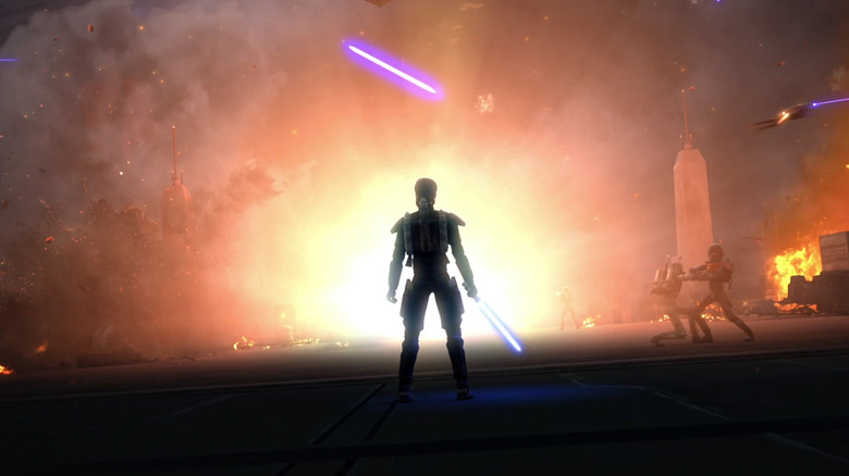 Obi-Wan staring out at a desecrated Mandalorian battlefield in Star Wars: The Clone Wars