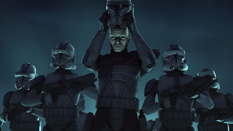Captain Rex removing his jhelmet before a squad of clones on Umbara in Star Wars: The Clone Wars