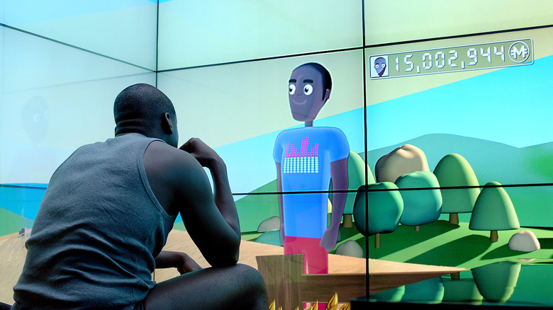 Bing looks at his digital self on a screen with his merits total