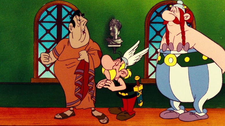 A roman clerk, Asterix looking polite, and Obelix waiting in The Twelve Tasks of Asterix