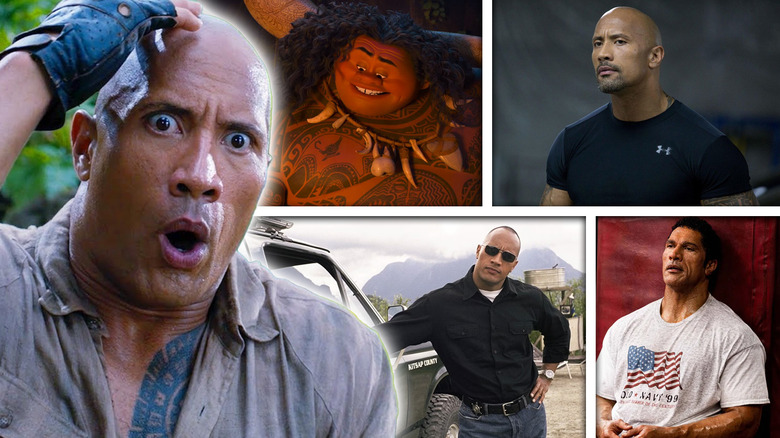 Dwayne Johnson in Jumanji: Welcome to the Jungle next to shots from Moana, Fast Five, Walking Tall, and The Smashing Machine
