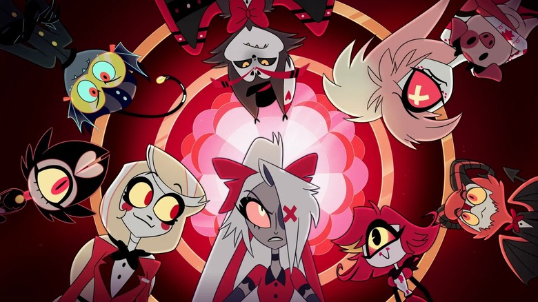 Baxter, Charlie, Husk, Vaggi, Nifty, and Cherri gathered in a circle in Hazbin Hotel