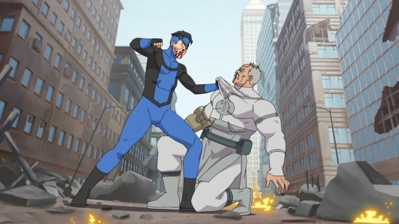 Invincible - Mark about to punch kneeling Conquest standing in ruined city